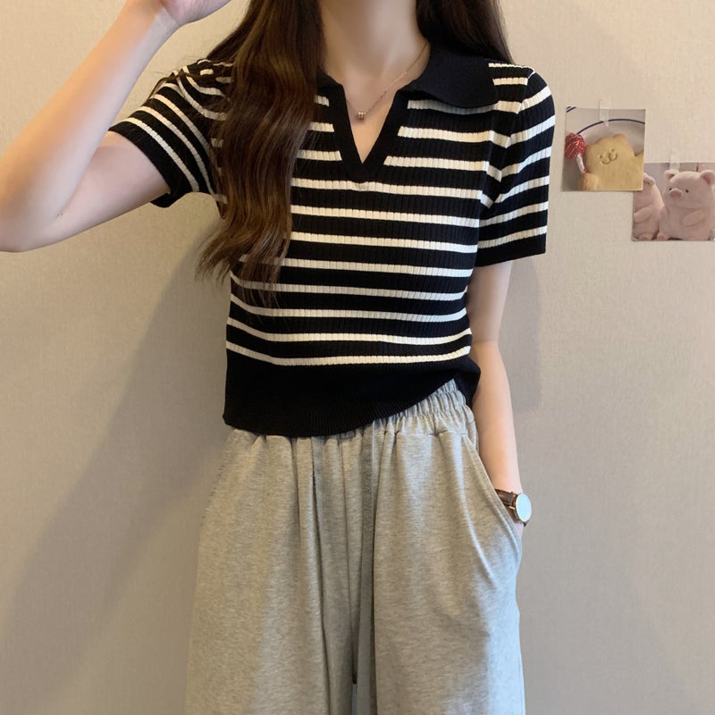 2024 Summer French Design Niche Elegant Slim Top Polo Shirt V-Neck Stripesd Short-Sleeved Knitwear For Women - Image 5